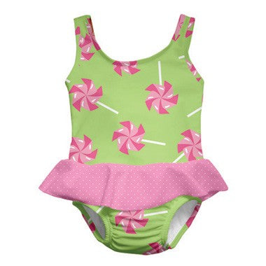 1pc Ruffle Swimsuit with Built-in Reusable Absorbent Swim Diaper-Lime Pinwheel
