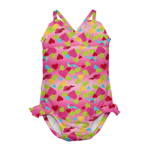 1pc Swimsuit with Built-in Reusable Absorbent Swim Diaper-Pink Birds and Hearts