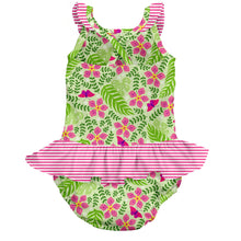 Load image into Gallery viewer, Tropical 1pc Ruffle Swimsuit w/Built-in Reusable Absorbent Swim Diaper-Lime Palm Garden