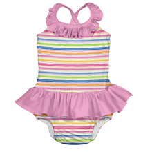 Load image into Gallery viewer, Mix &amp; Match 1pc Ruffle Swimsuit w/Built-in Reusable Absorbent Swim Diaper-Pink Wavy Stripe