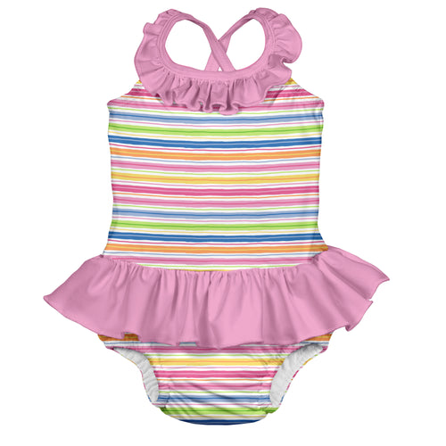 Mix & Match 1pc Ruffle Swimsuit w/Built-in Reusable Absorbent Swim Diaper-Pink Wavy Stripe