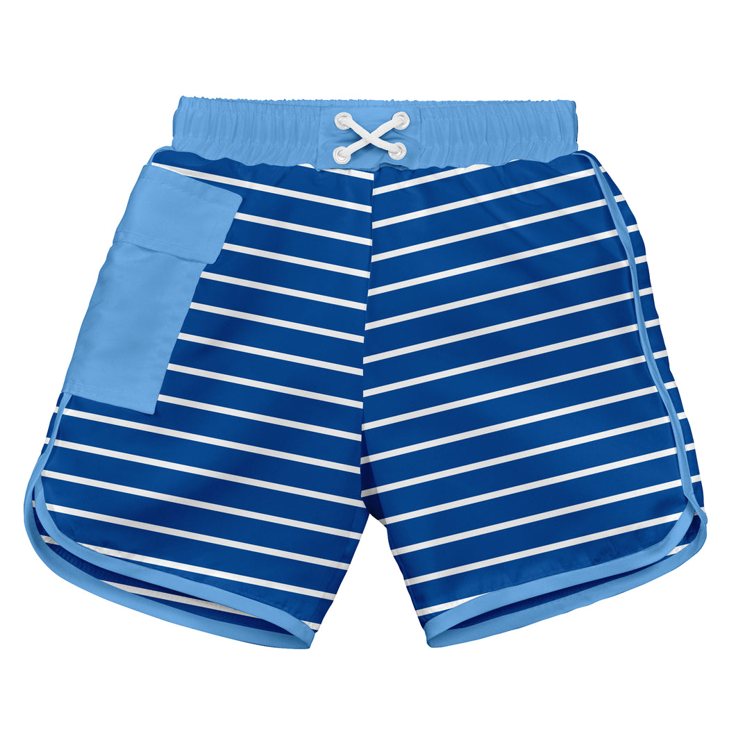 Classic Pocket Board Shorts w/Built-in Reusable Absorbent Swim Diaper-Royal Stripe
