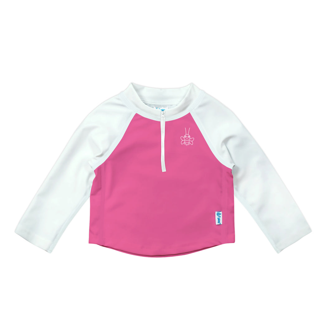 Long Sleeve Zip Rashguard Shirt-White & Hot Pink Colourblock
