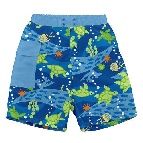 Pocket Trunks with Built-in Reusable Absorbent Swim Diaper-Royal Blue Turtle Journey