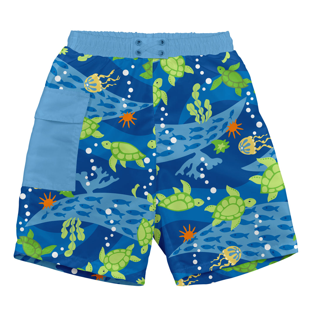 Pocket Trunks with Built-in Reusable Absorbent Swim Diaper-Royal Blue Turtle Journey