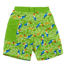 Load image into Gallery viewer, Tropical Pocket Trunks w/Built-in Reusable Absorbent Swim Diaper-Lime Toucan