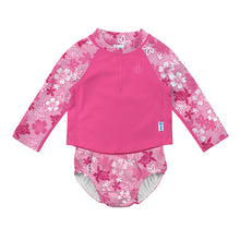 Load image into Gallery viewer, 2pc LS Zip Rashguard Shirt Set with Snap Reusable Absorbent Swim Diaper-Pink Hawaiian Turtle