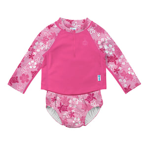 2pc LS Zip Rashguard Shirt Set with Snap Reusable Absorbent Swim Diaper-Pink Hawaiian Turtle
