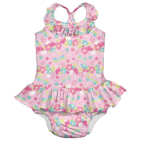 Ruffle Swimsuit w/Built-in Reusable Absorbent Swim Diaper-Light Pink Dragonfly Floral