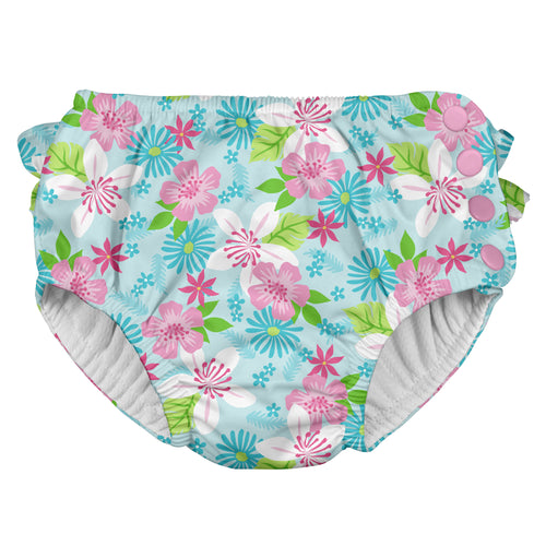 Ruffle Snap Reusable Absorbent Swimsuit Diaper-Light Aqua Paradise Flower
