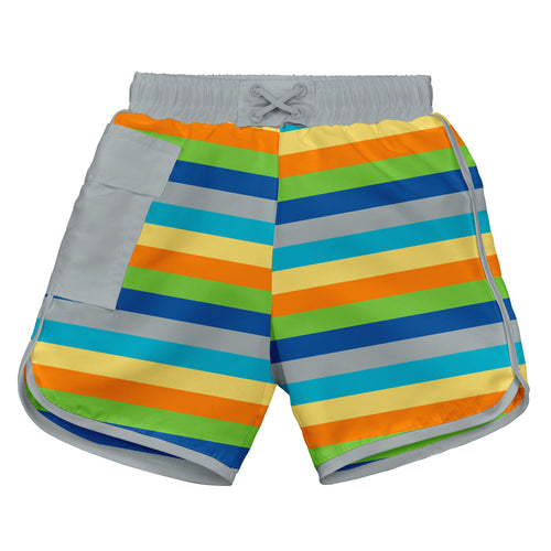 Mix & Match Pocket Board Shorts w/Built-in Reusable Absorbent Swim Diaper-Grey Multistripe