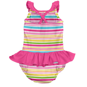 Mix & Match 1pc Ruffle Swimsuit w/Built-in Reusable Absorbent Swim Diaper-Pink Multistripe
