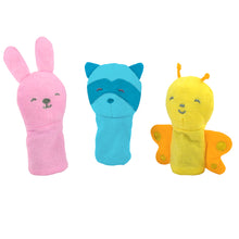 Load image into Gallery viewer, Organic Finger Puppets 3pk with Pink, Aqua, Yellow Set