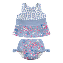 Load image into Gallery viewer, Mix &amp; Match 2pc Bow Tankini Set w/Built-in Reusable Absorbent Swim Diaper-Light Blue Songbird