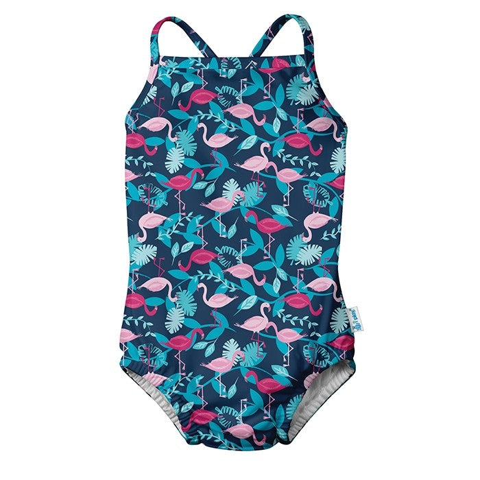 1pc Swimsuit with Built-in Reusable Absorbent Swim Diaper-Navy Flamingos