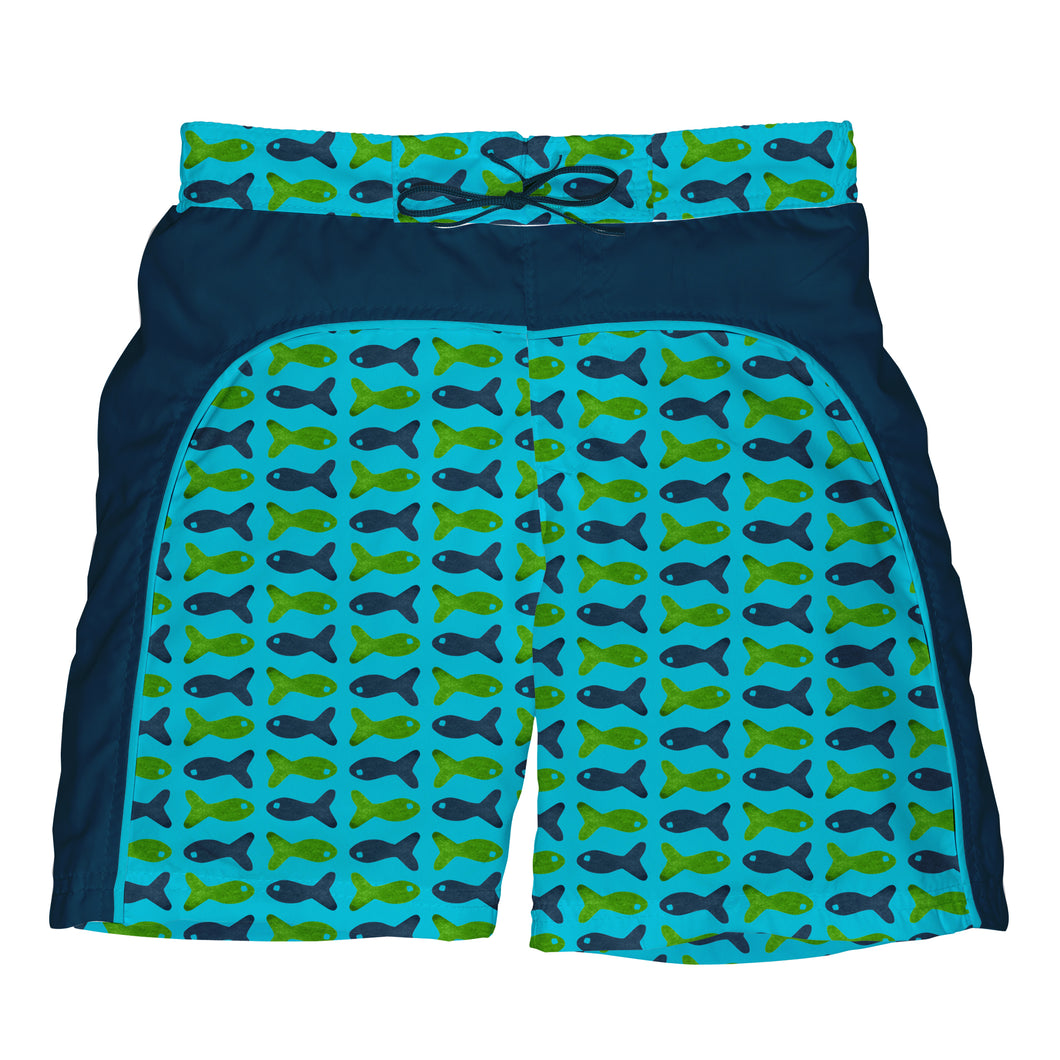 Mix & Match Board Shorts w/Built-in Reusable Absorbent Swim Diaper-Aqua Geo Fish