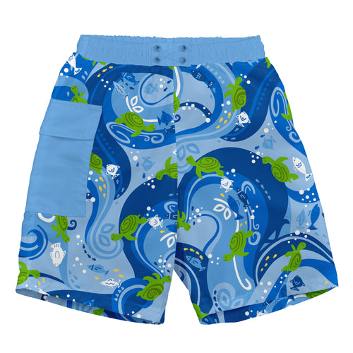 Tropical Pocket Trunks w/Built-in Reusable Absorbent Swim Diaper-Blue Turtle Batik