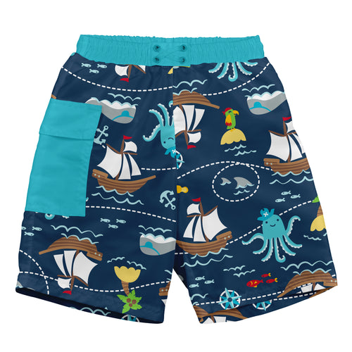 Pocket Trunks with Built-in Reusable Absorbent Swim Diaper-Navy Pirate Ship
