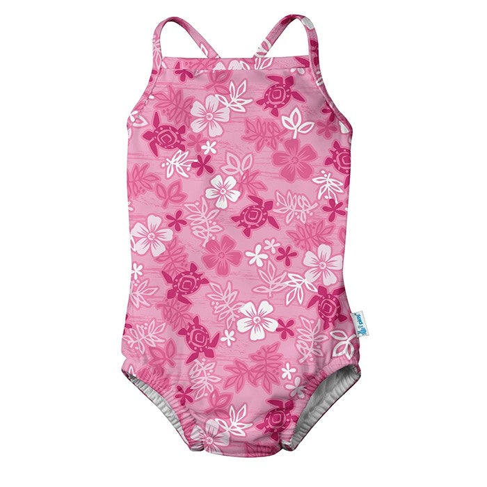 1pc Swimsuit with Built-in Reusable Absorbent Swim Diaper-Pink Hawaiian Turtle