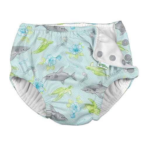 Snap Reusable Absorbent Swimsuit Diaper-Light Aqua Shark Sealife