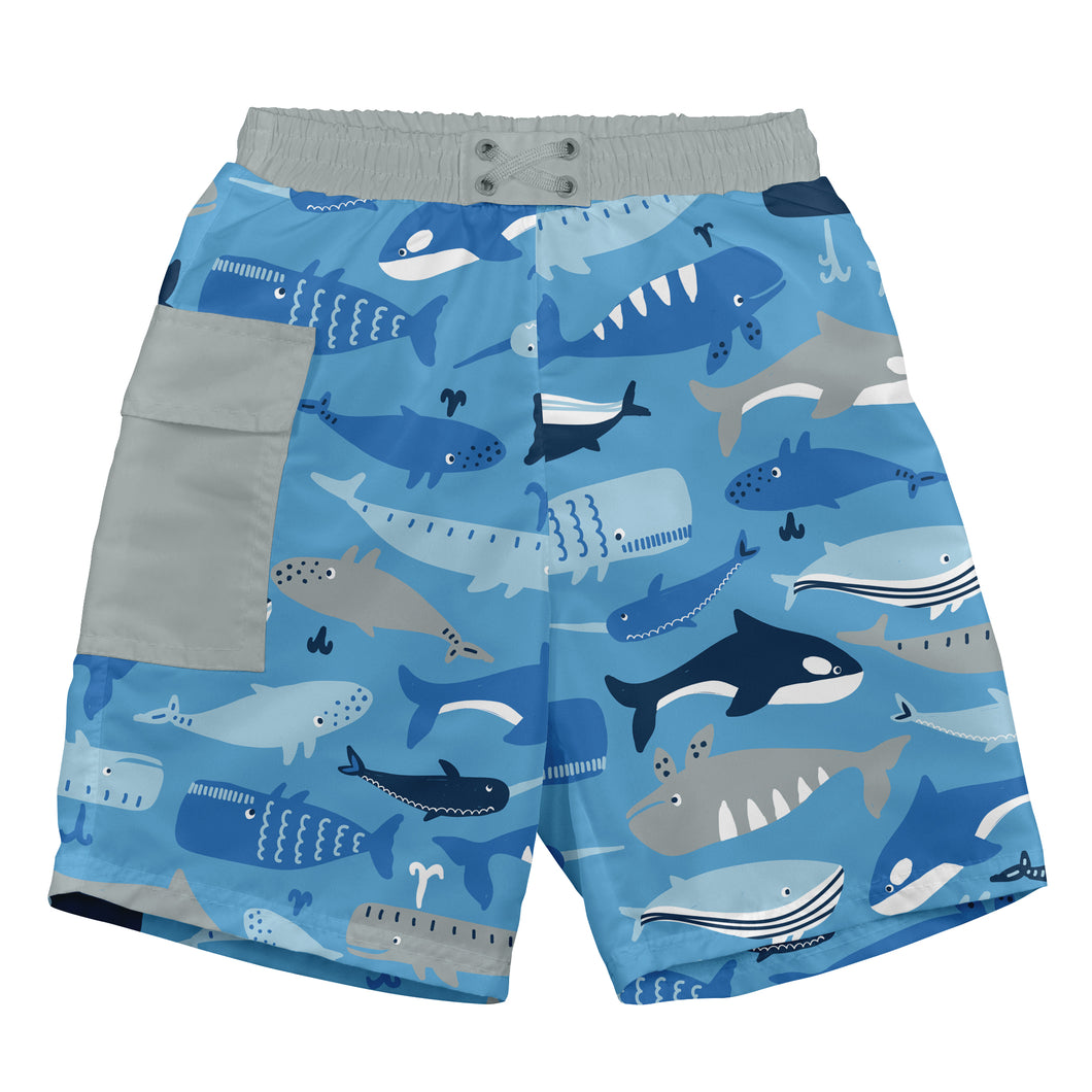 Pocket Trunks with Built-in Reusable Absorbent Swim Diaper-Blue Whale League