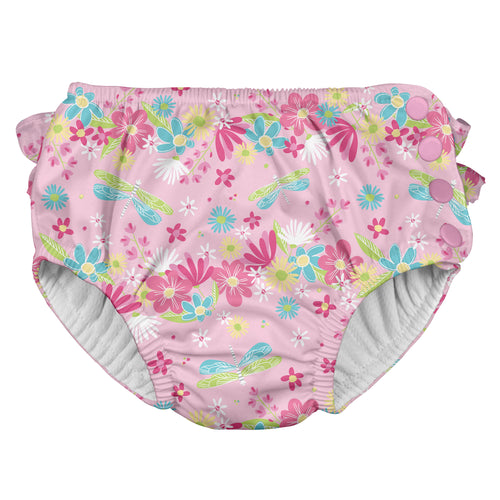 Ruffle Snap Reusable Absorbent Swimsuit Diaper-Light Pink Dragonfly Floral
