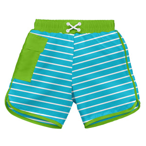 Classic Pocket Board Shorts w/Built-in Reusable Absorbent Swim Diaper-Aqua Stripe