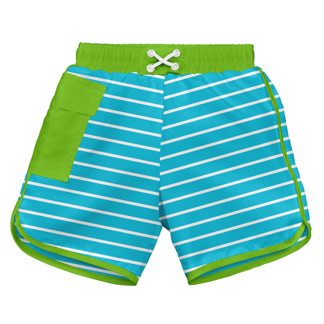 Classic Pocket Board Shorts w/Built-in Reusable Absorbent Swim Diaper-Aqua Stripe
