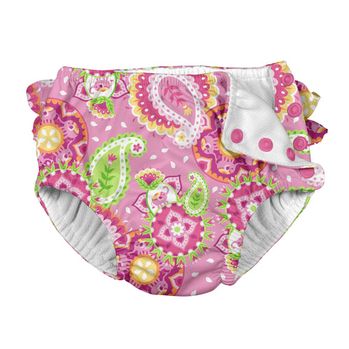Mix & Match Ruffle Snap Reusable Absorbent Swimsuit Diaper-Light Pink Paisley Elephant
