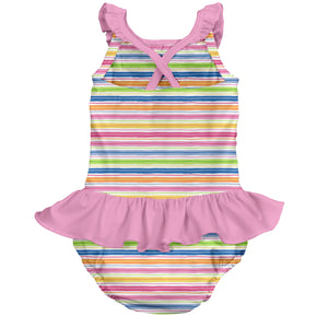 Mix & Match 1pc Ruffle Swimsuit w/Built-in Reusable Absorbent Swim Diaper-Pink Wavy Stripe