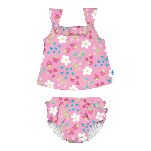 Ruffle Tankini Swimsuit Set with Snap Reusable Absorbent Swim Diaper-Light Pink Daisy Fruit