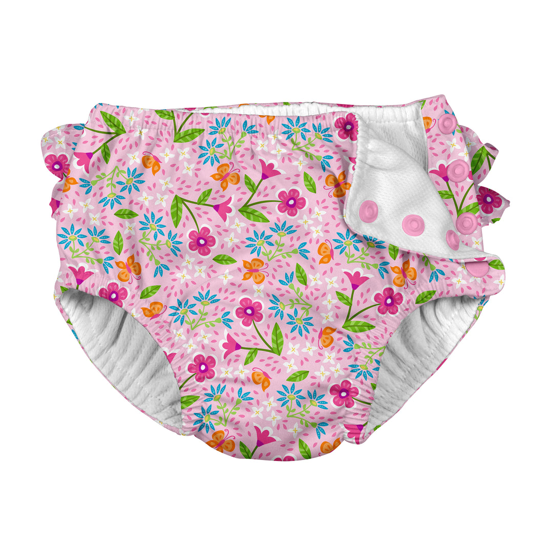 Fun Ruffle Snap Reusable Absorbent Swimsuit Diaper-Pink Spring Garden