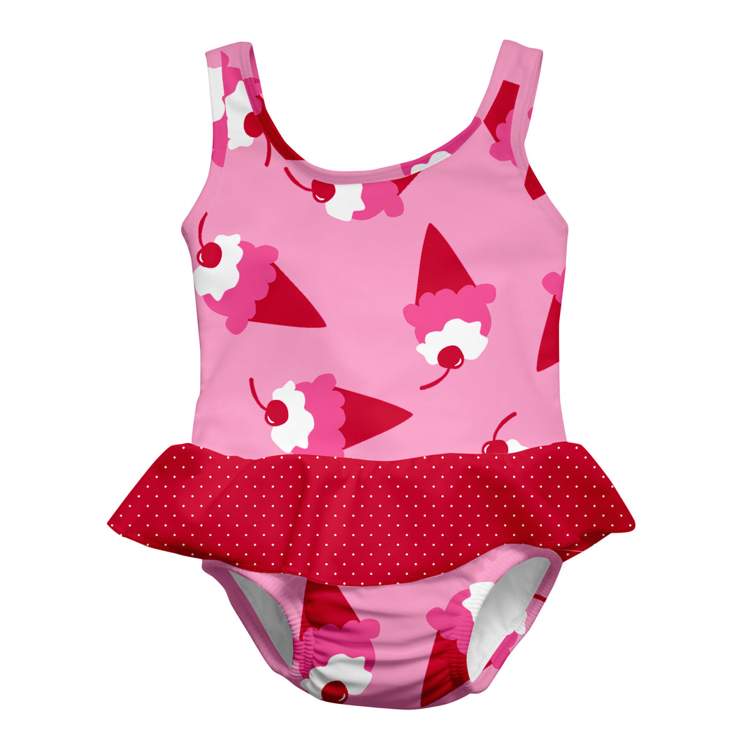 1pc Ruffle Swimsuit with Built-in Reusable Absorbent Swim Diaper-Hot Pink Ice-cream