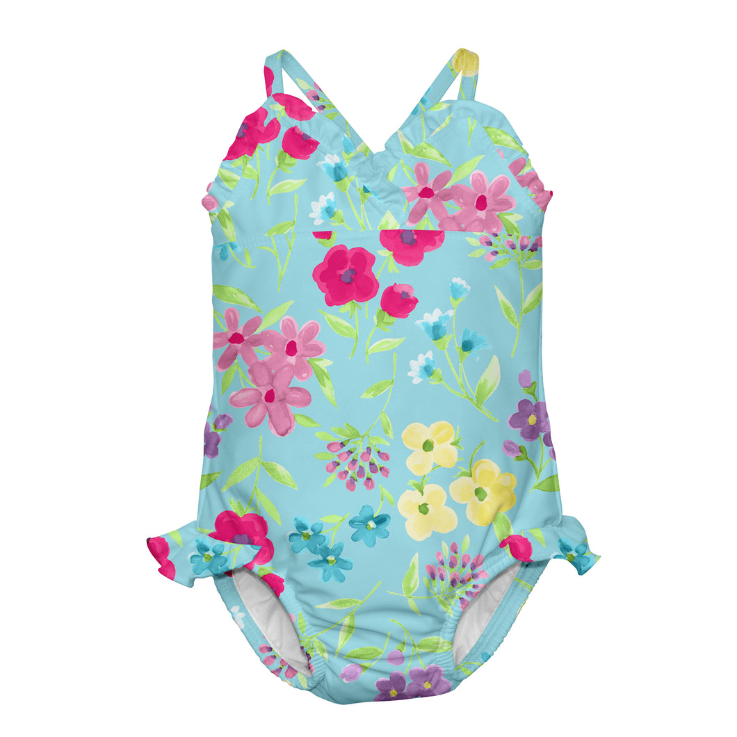 1pc Swimsuit with Built-in Reusable Absorbent Swim Diaper-Aqua Floral
