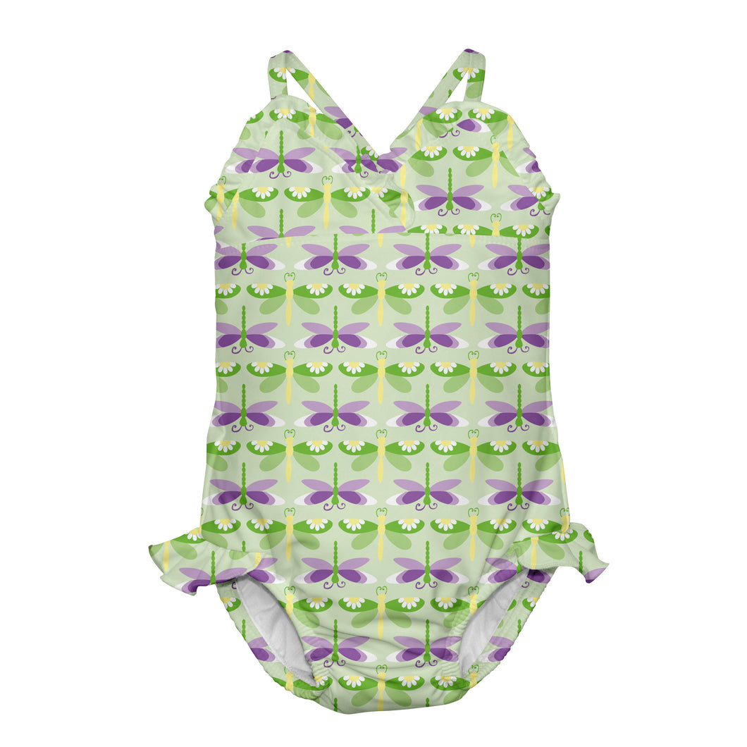 1pc Swimsuit with Built-in Reusable Absorbent Swim Diaper-Lime Dragonfly