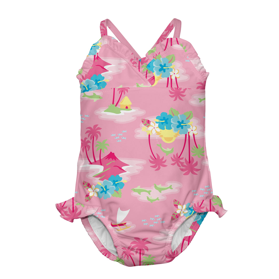 1pc Swimsuit with Built-in Reusable Absorbent Swim Diaper-Pink Hawaiian