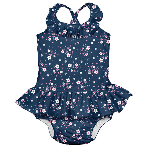 Ruffle Swimsuit w/Built-in Reusable Absorbent Swim Diaper-Navy Posies