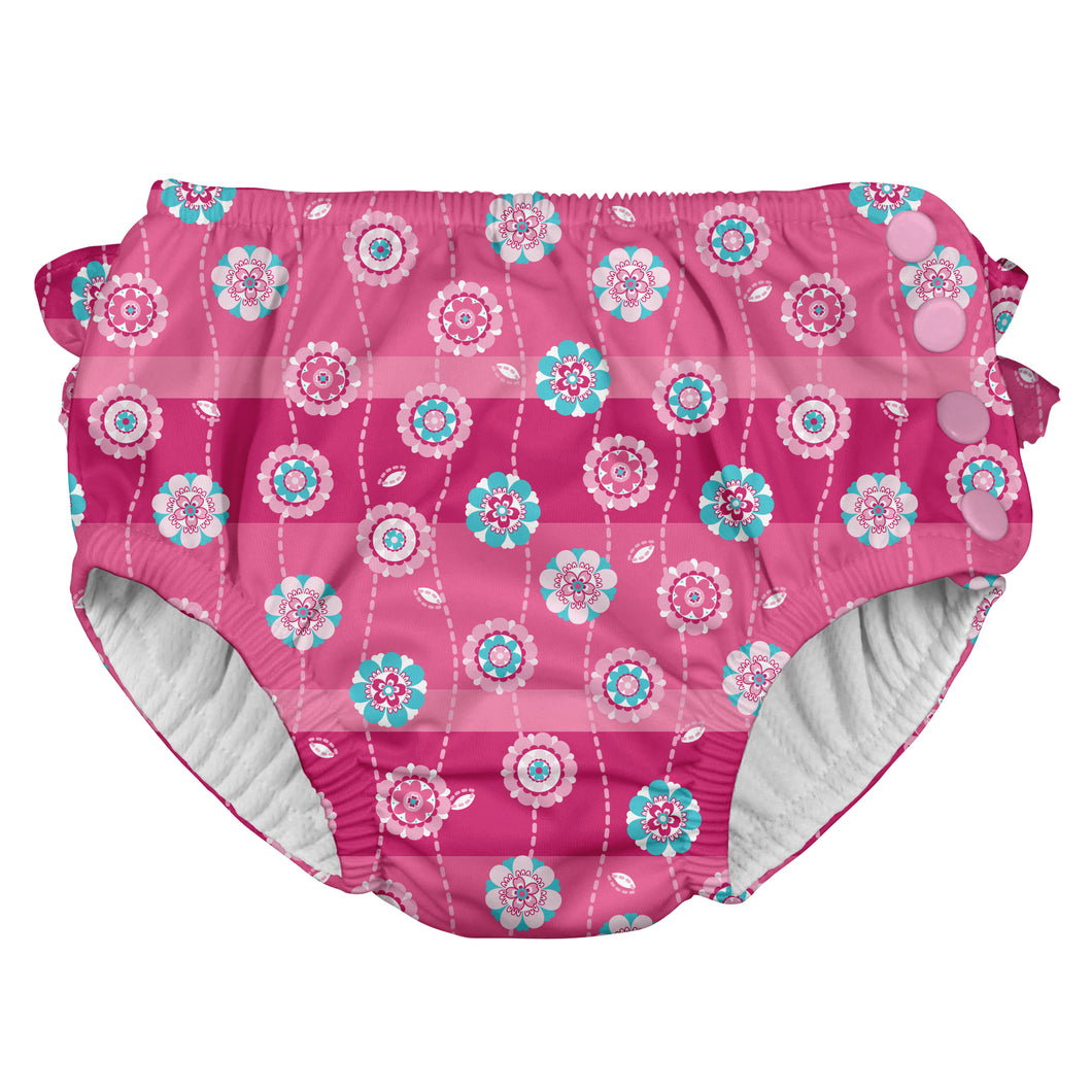 Ruffle Snap Reusable Absorbent Swimsuit Diaper-Hot Pink Stripe Flower