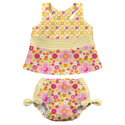 Mix & Match 2pc Bow Tankini Set w/Built-in Reusable Absorbent Swim Diaper-Yellow Floral