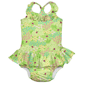 1pc Ruffle Swimsuit with Built-in Reusable Absorbent Swim Diaper-Green Flower Patch