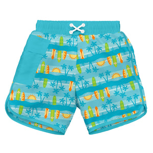 Pocket Board Shorts with Built-in Reusable Absorbent Swim Diaper-Aqua Surfboard Sunset