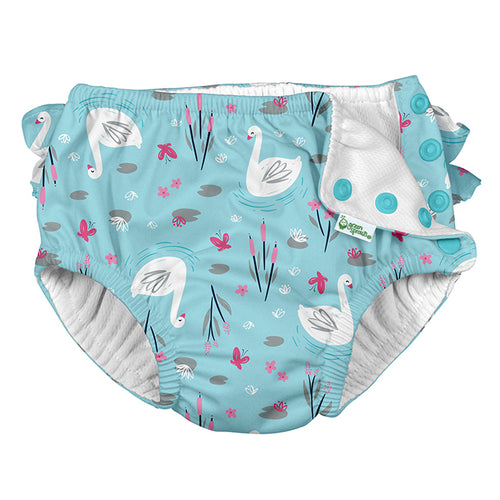 Ruffle Snap Reusable Absorbent Swimsuit Diaper-Light Aqua Swan