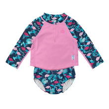 Load image into Gallery viewer, 2pc LS Zip Rashguard Shirt Set with Snap Reusable Absorbent Swim Diaper-Navy Flamingo